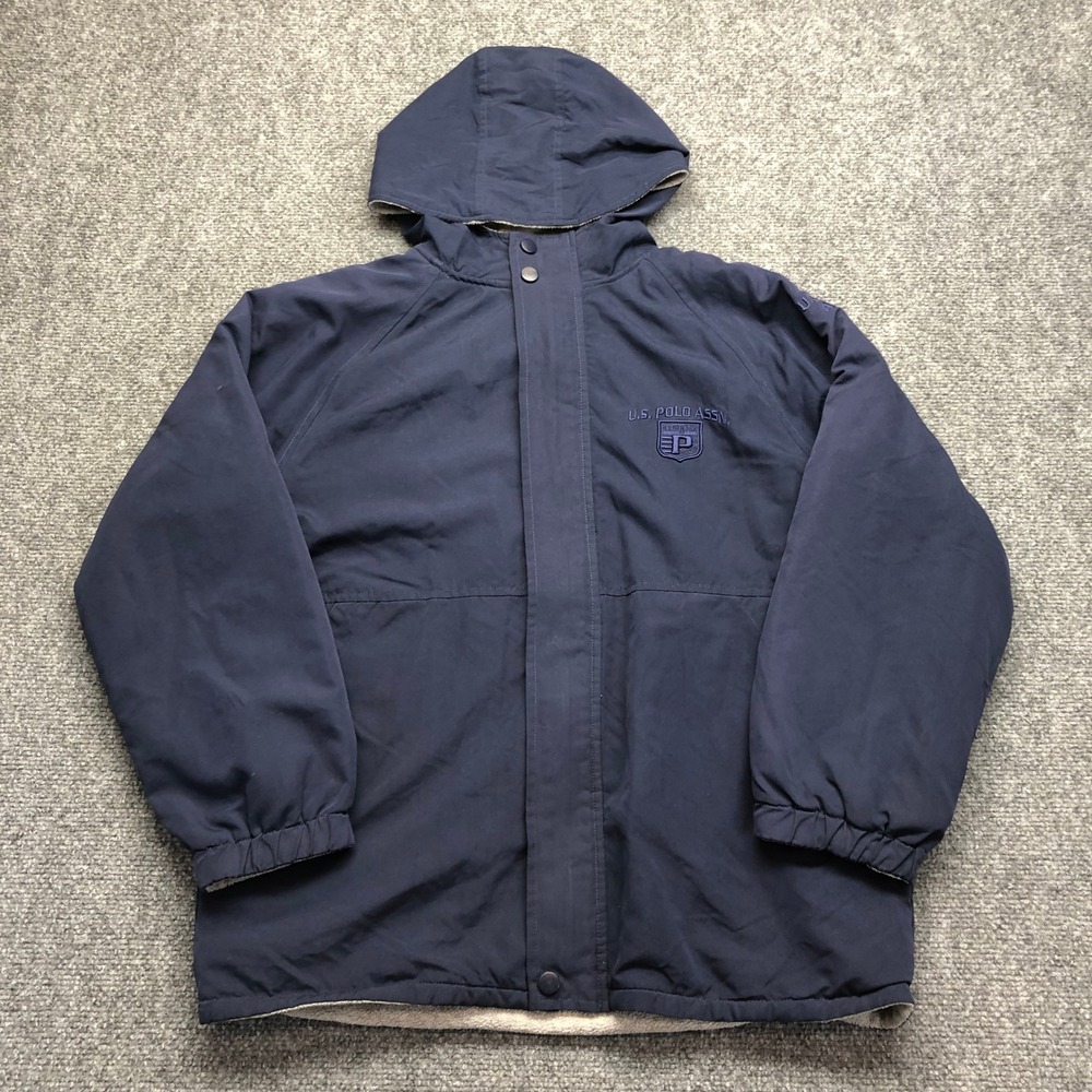 US Polo Assn Mens Hooded Windbreaker Jacket Navy Blue Fleece Lined Medium